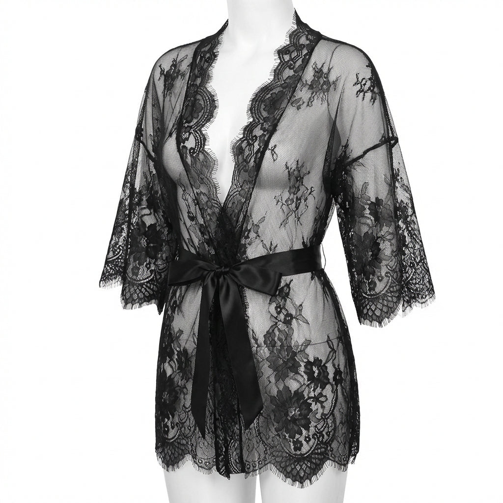 Lace Robe With Satin Belt And G-String