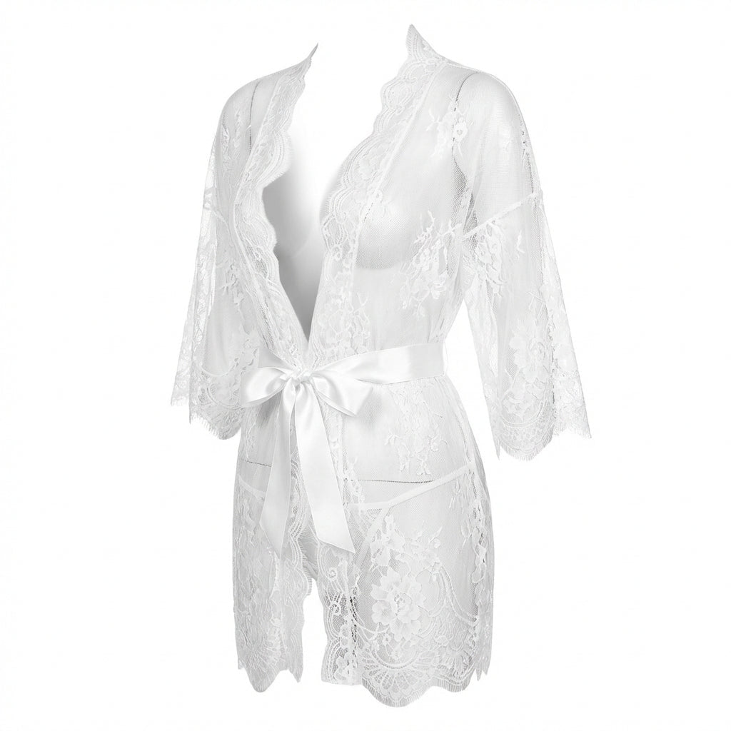 Lace Robe With Satin Belt And G-String