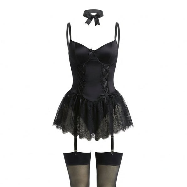 Lace Ruffle Bustier Teddy With Garter Straps