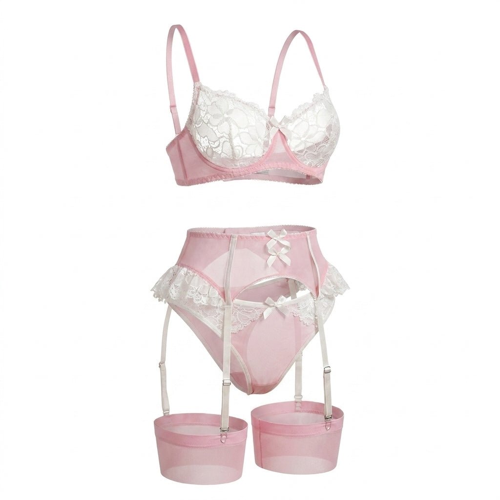 Lace Trim Balconette Bra 4 Piece Lingerie Set
