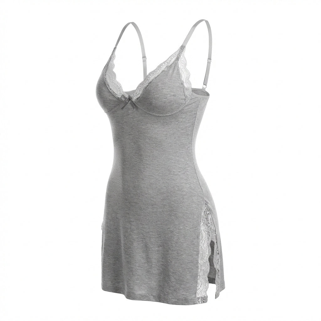 Lace Trim Chemise With High Side Slits