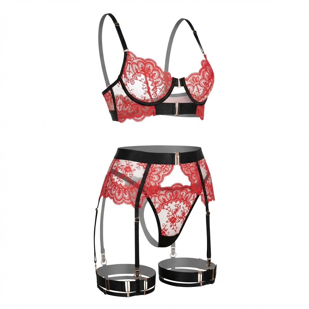 Lace Underwire Bra And Brief Set With Garter Accessories