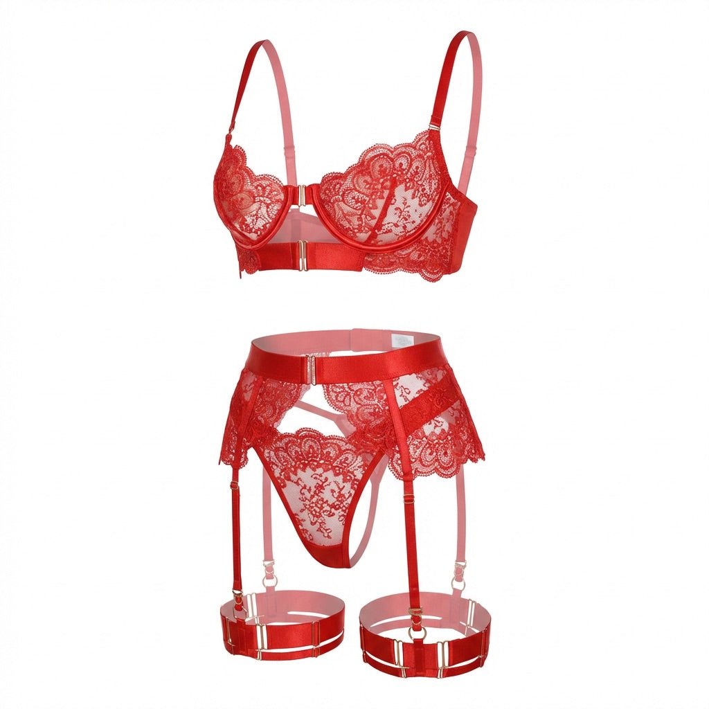 Lace Underwire Bra And Brief Set With Garter Accessories