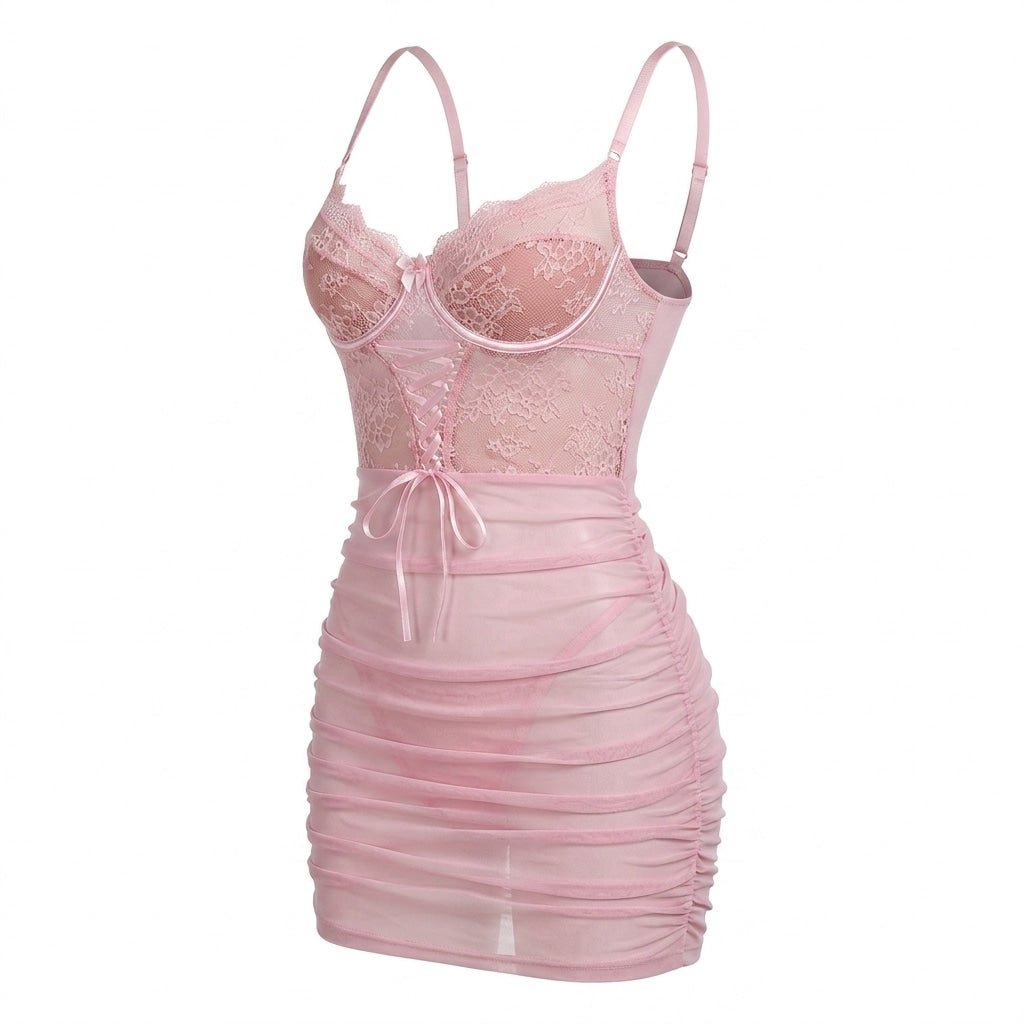 Lace Underwired Ruched Mesh Mini Chemise