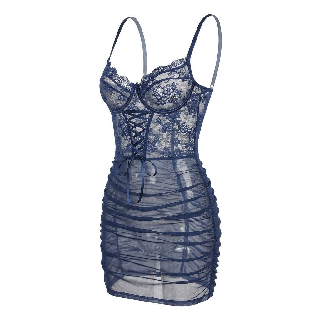 Lace Underwired Ruched Mesh Mini Chemise