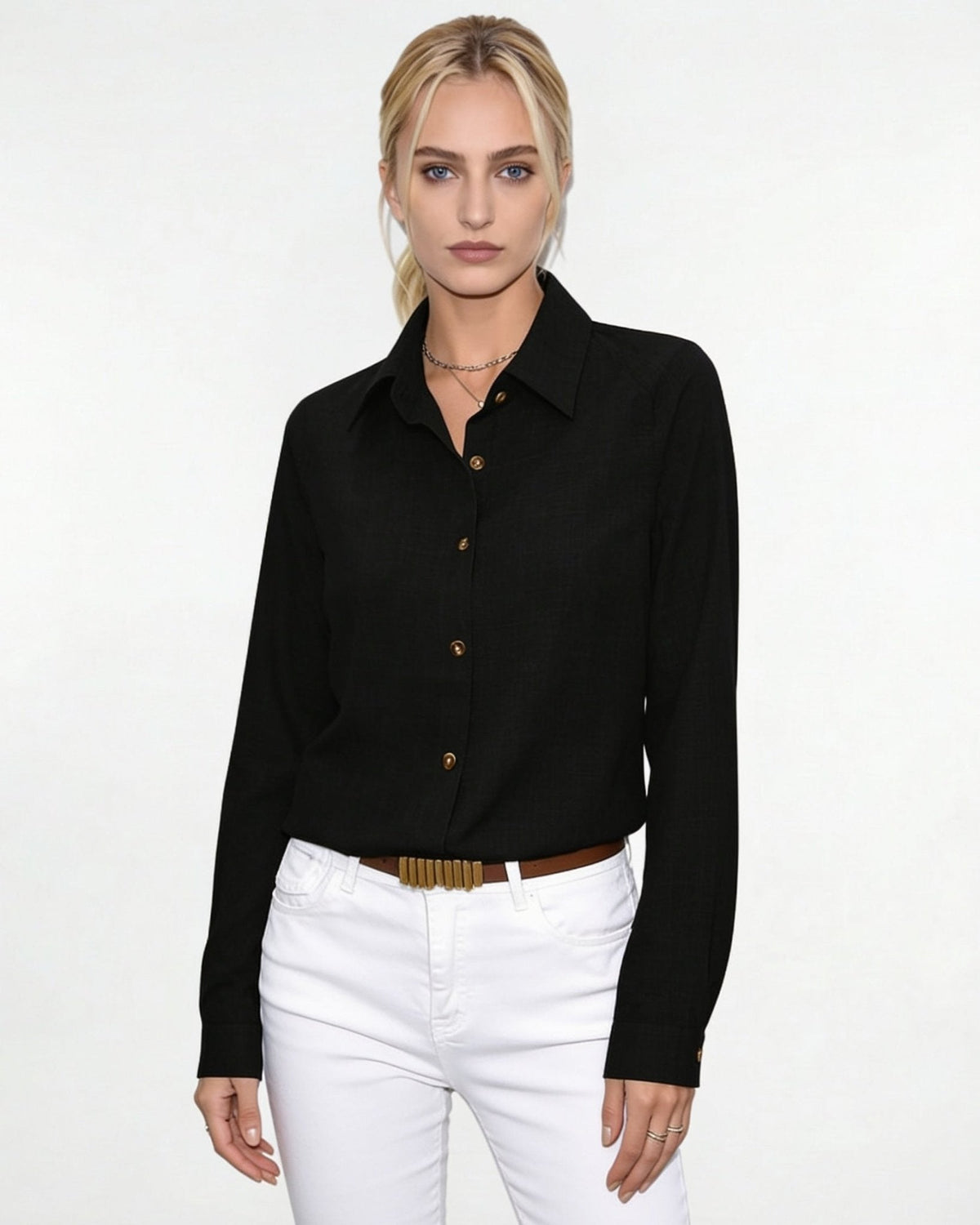 Long-Sleeve Collared Button-Front Blouse