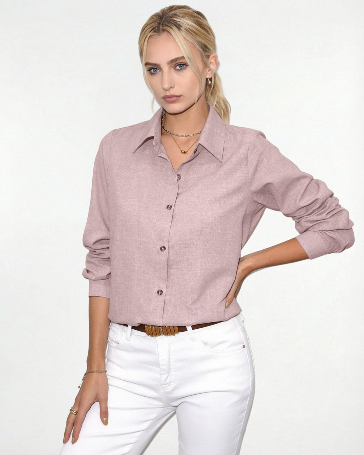 Long-Sleeve Collared Button-Front Blouse