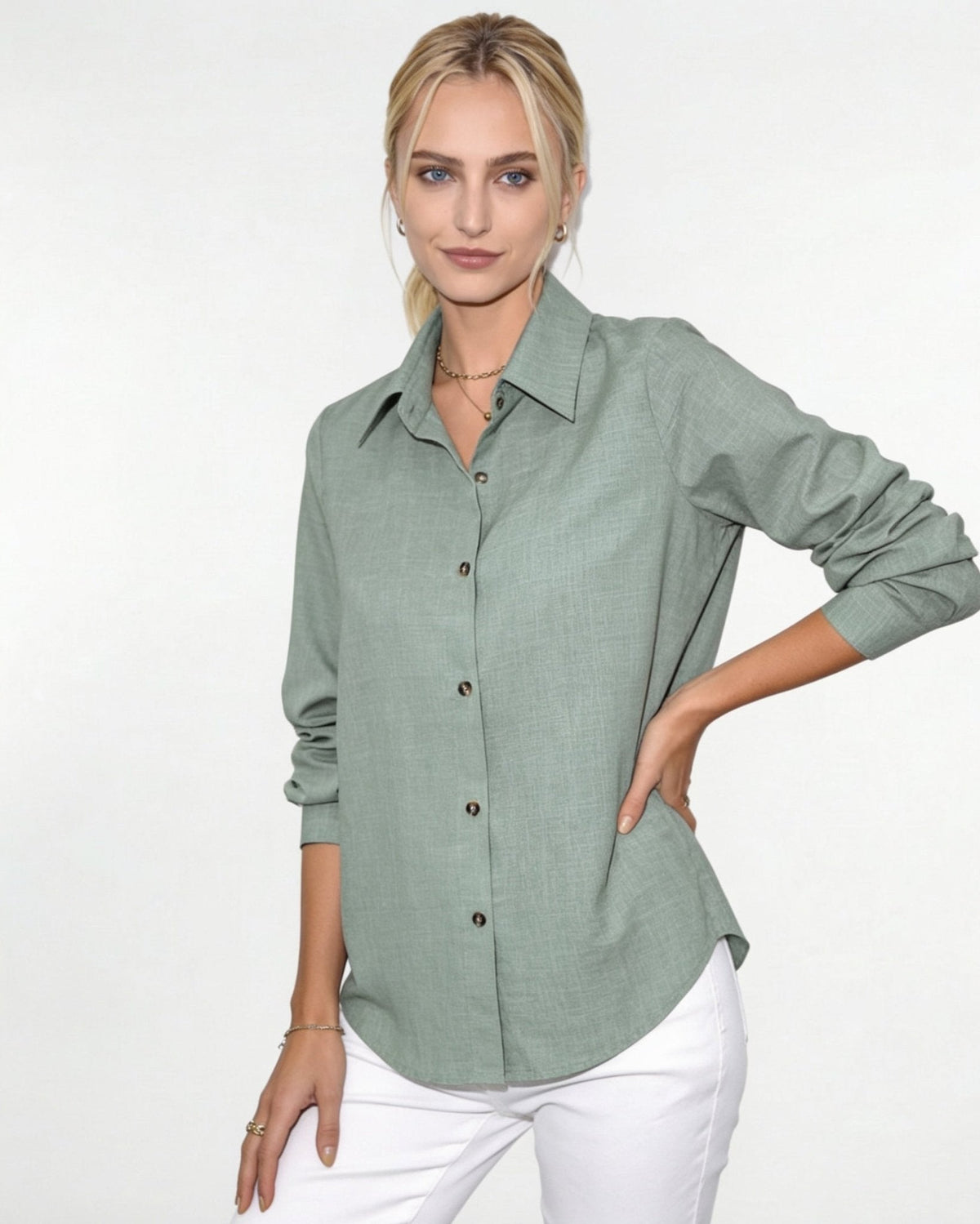 Long-Sleeve Collared Button-Front Blouse