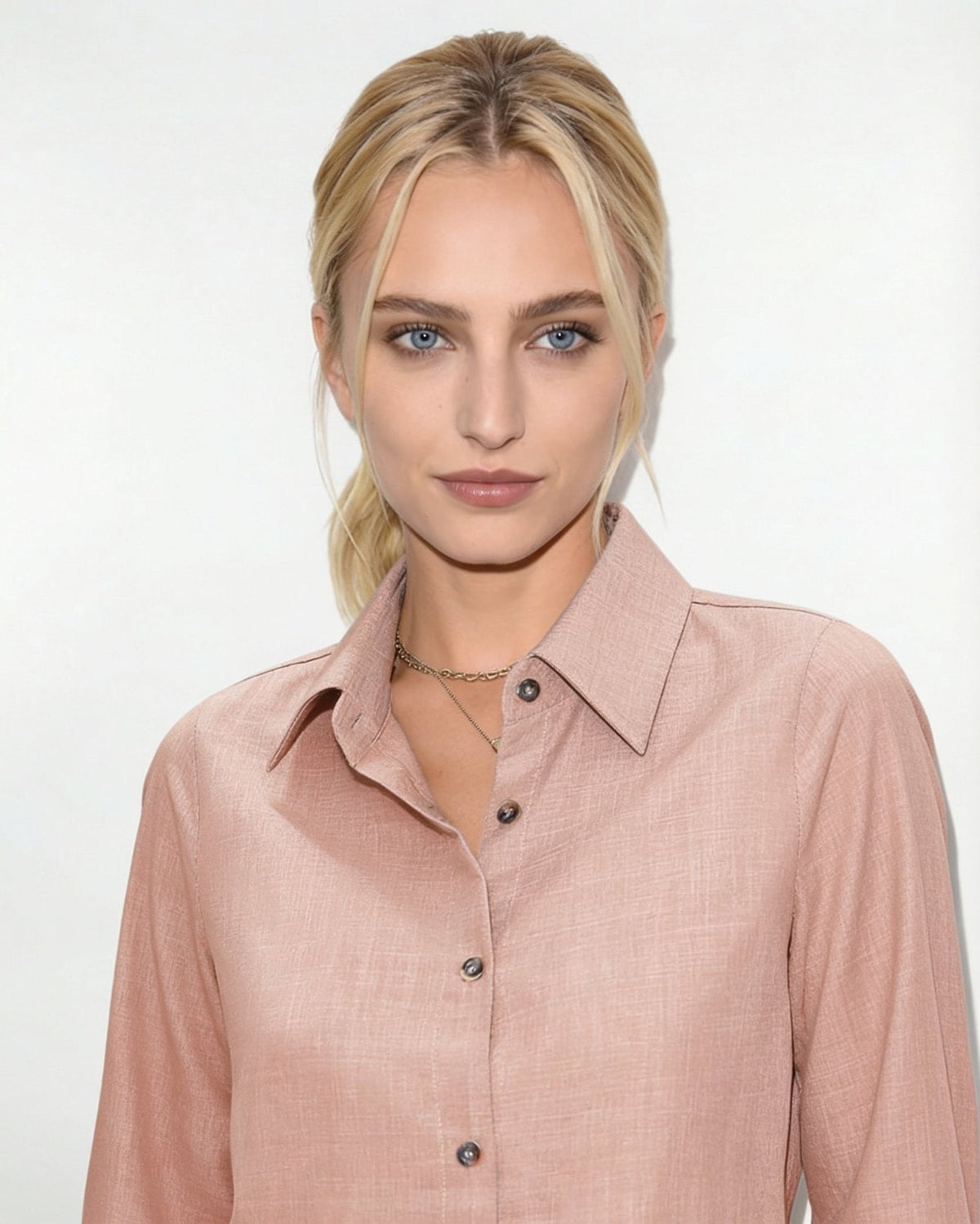 Long-Sleeve Collared Button-Front Blouse