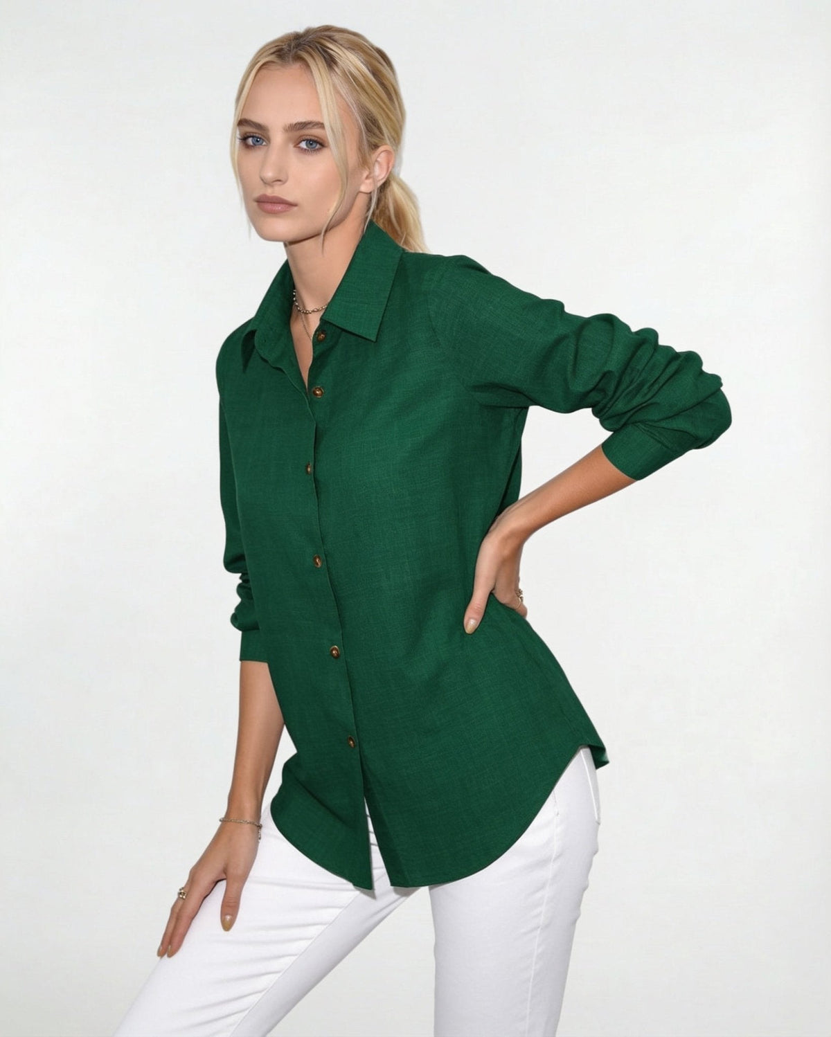 Long-Sleeve Collared Button-Front Blouse