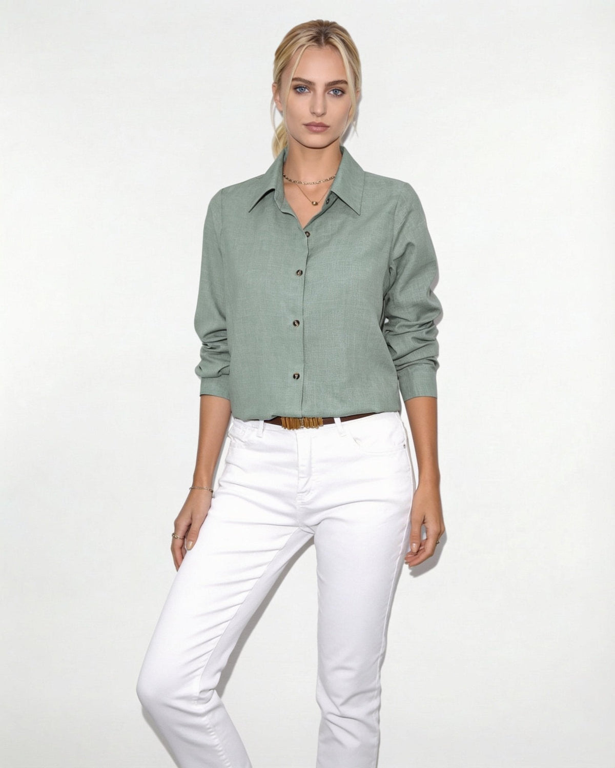 Long-Sleeve Collared Button-Front Blouse