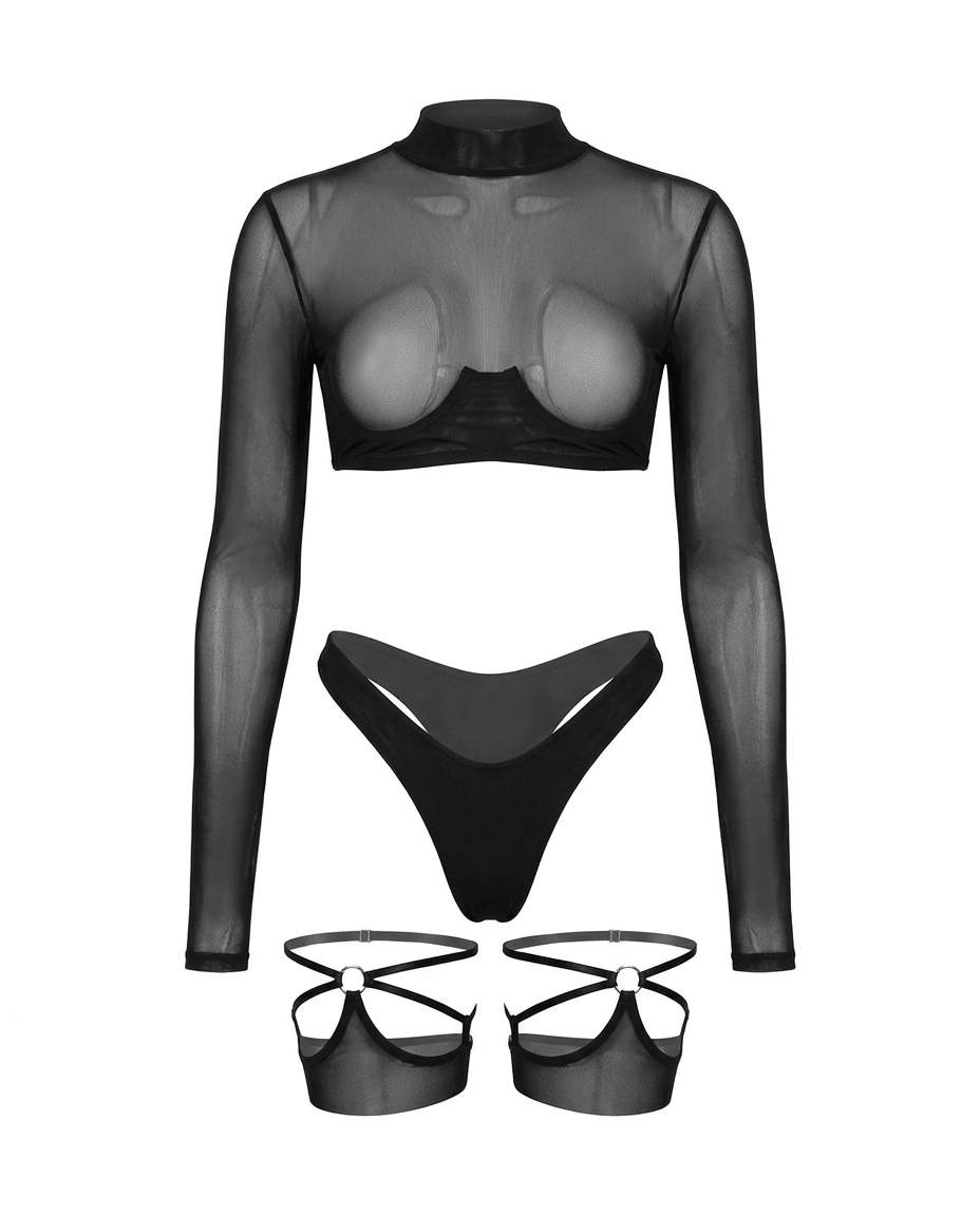 Long Sleeve Mesh Set With Brief And Stockings