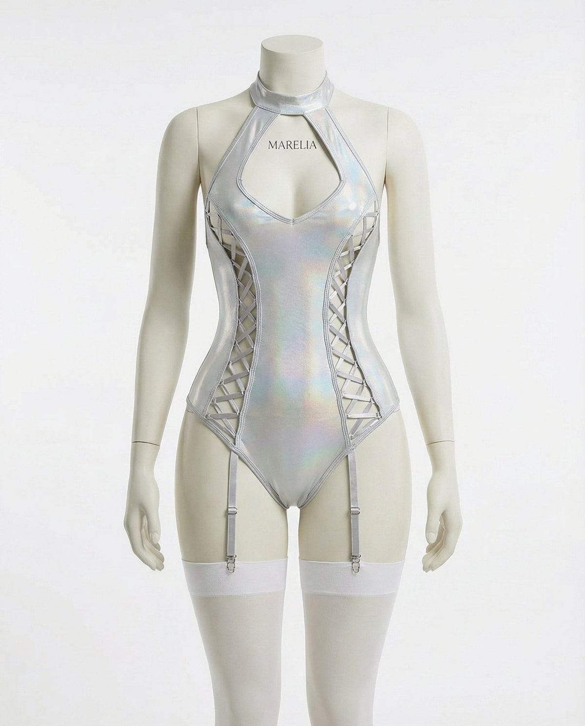 Metallic Halter Bodysuit With Lace-Up Sides