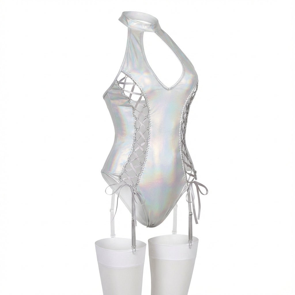 Metallic Halter Bodysuit With Lace-Up Sides