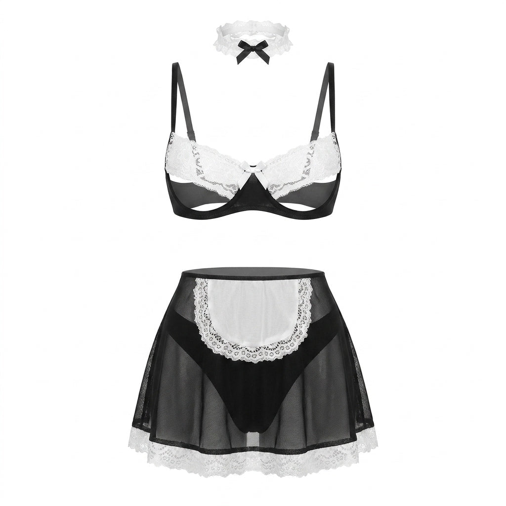 Open Cup Mesh Maid Costume Set