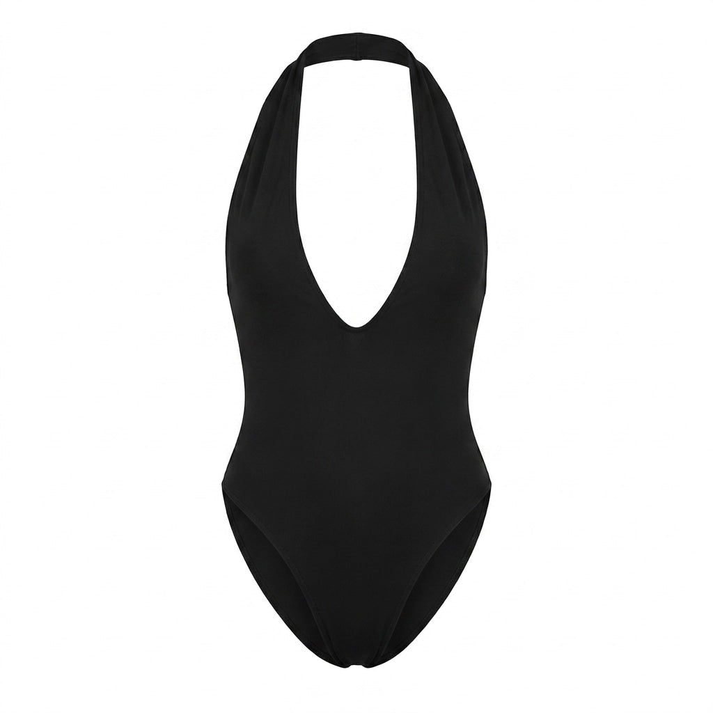 Plunge Halter Neck Thong Bodysuit