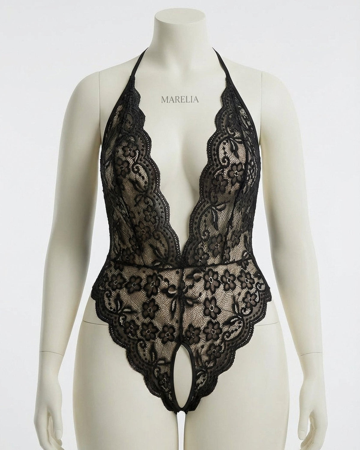 Plus Size Crotchless Lace Halter Bodysuit
