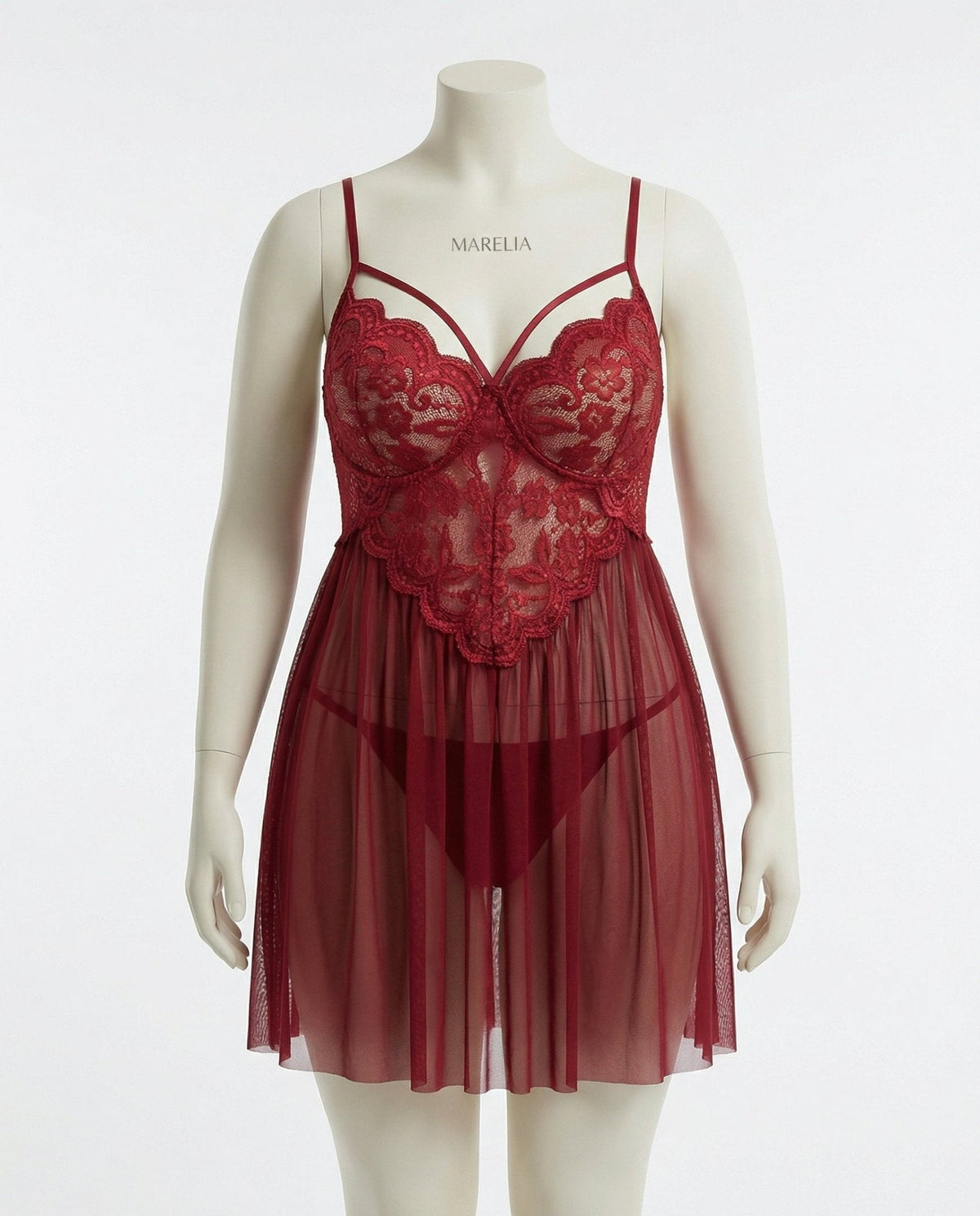 Plus Size Lace Babydoll With Pleated Mesh Skirt And Thong
