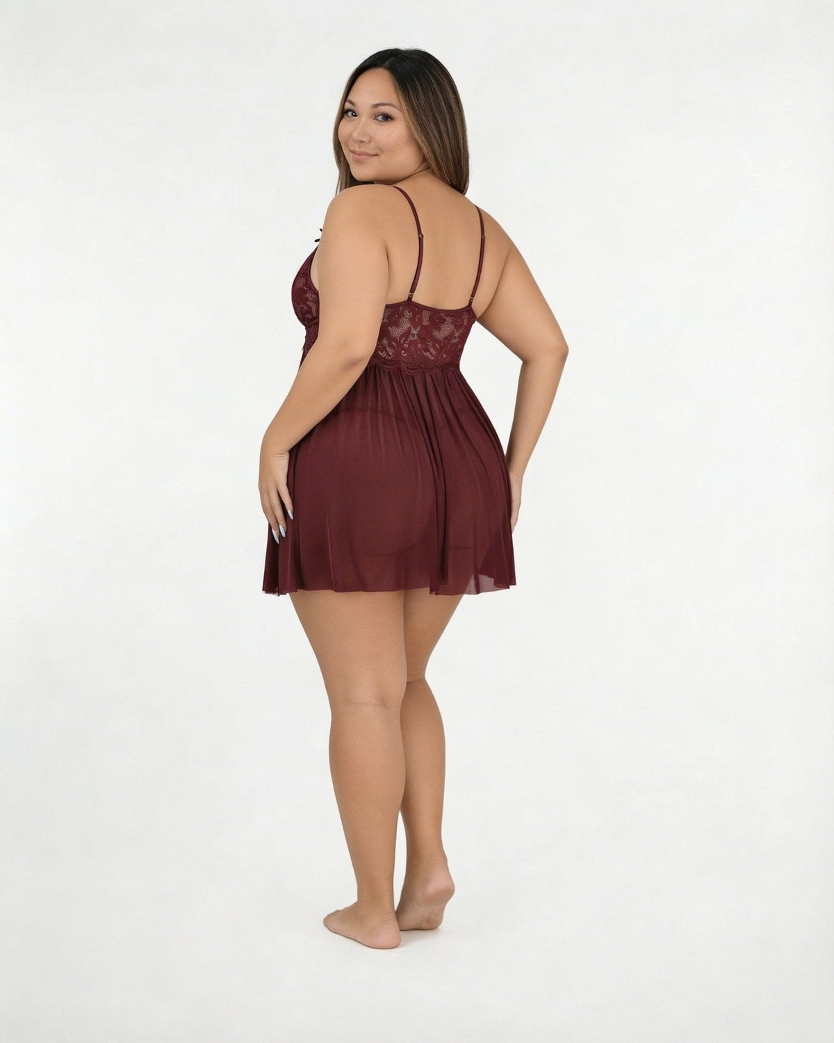 Plus Size Lace Babydoll With Pleated Mesh Skirt And Thong