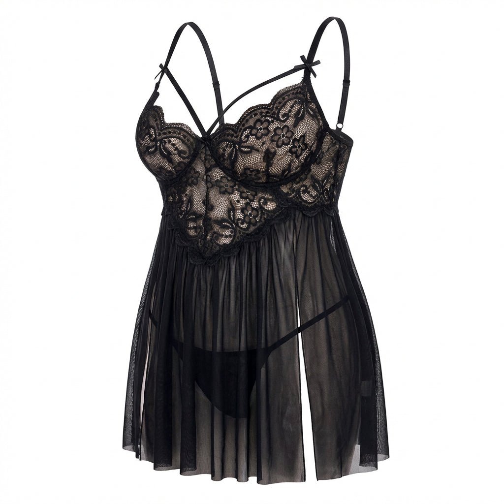 Plus Size Lace Babydoll With Pleated Mesh Skirt And Thong