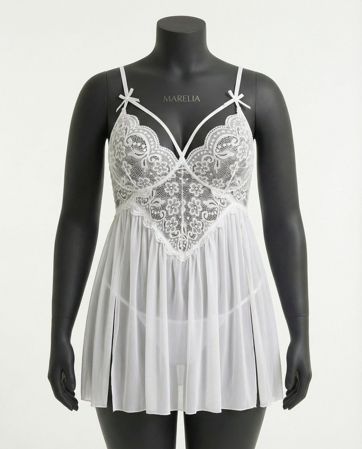 Plus Size Lace Babydoll With Pleated Mesh Skirt And Thong