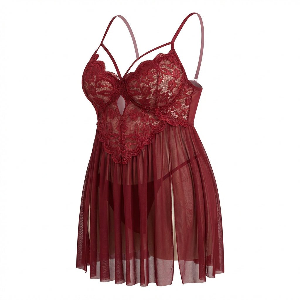 Plus Size Lace Babydoll With Pleated Mesh Skirt And Thong