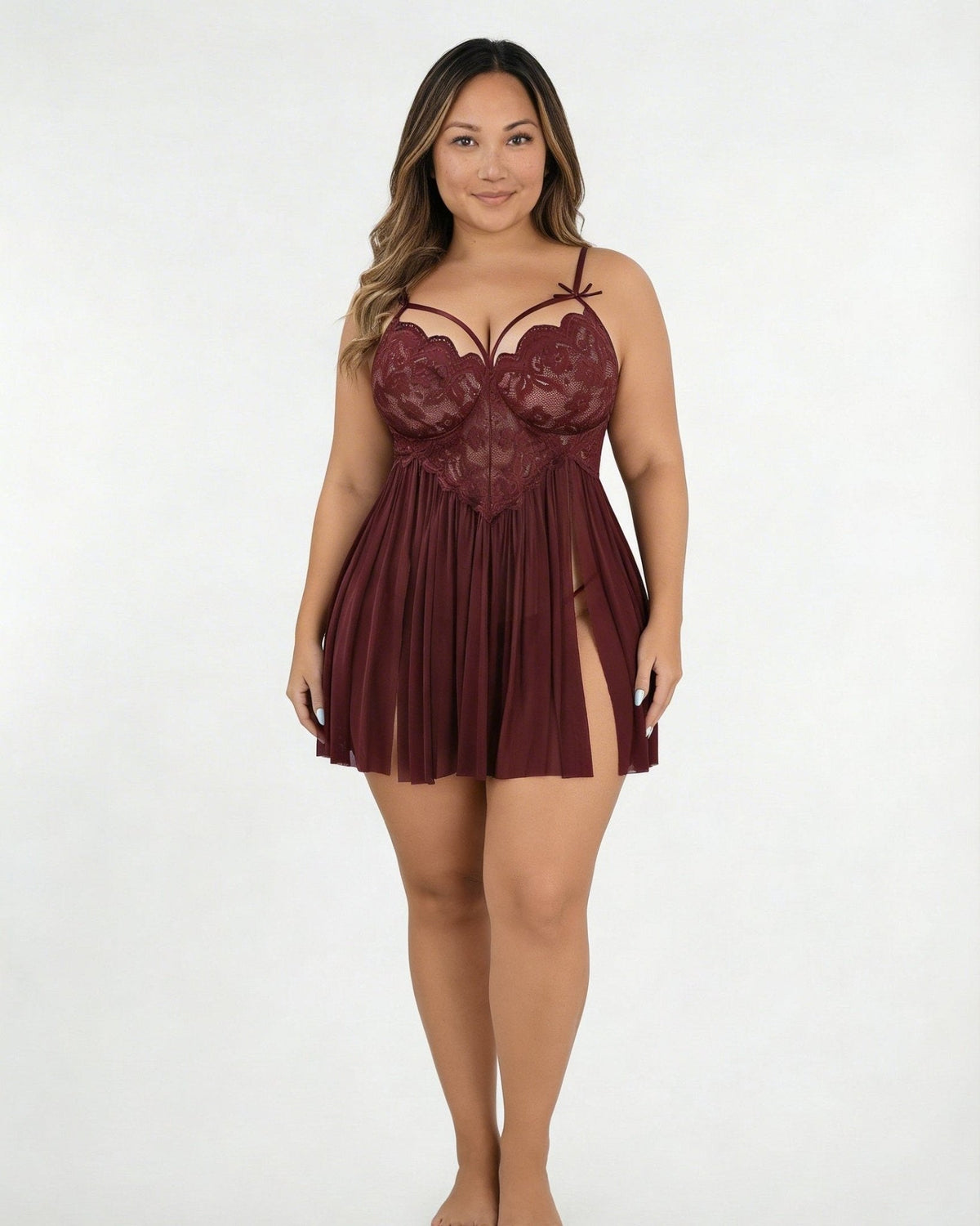 Plus Size Lace Babydoll With Pleated Mesh Skirt And Thong