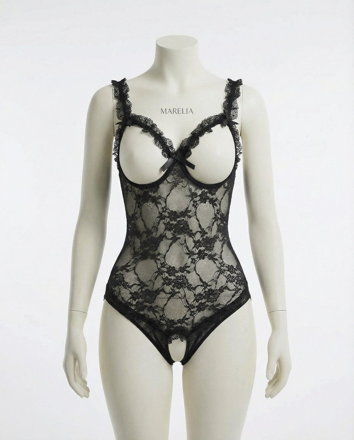 Plus Size Ruffle Lace Open Cup Crotchless Bodysuit