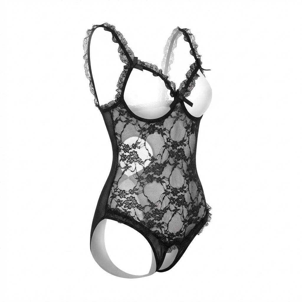 Plus Size Ruffle Lace Open Cup Crotchless Bodysuit
