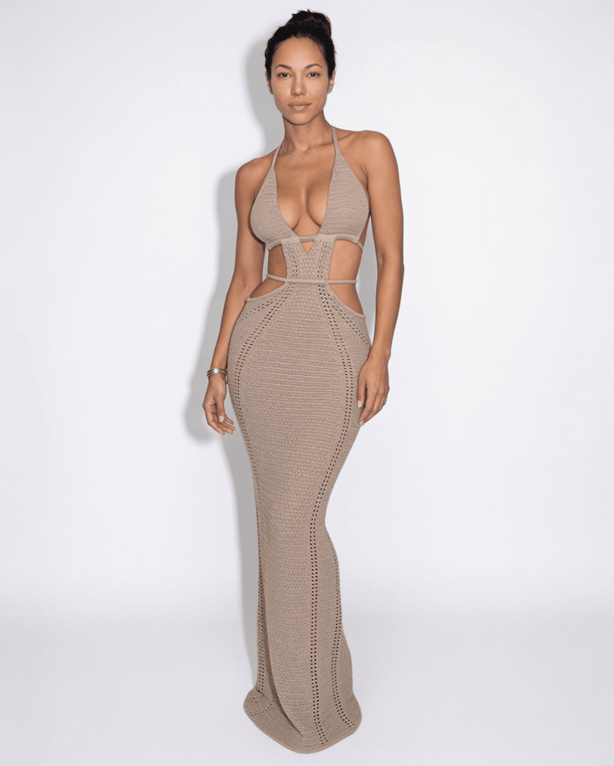 Pointelle Cut-Out Fishtail Maxi Dress