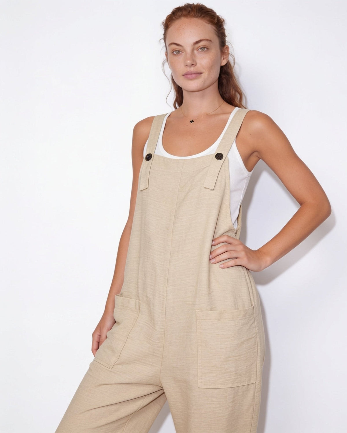 Relaxed Button-Tab Dungaree Jumpsuit