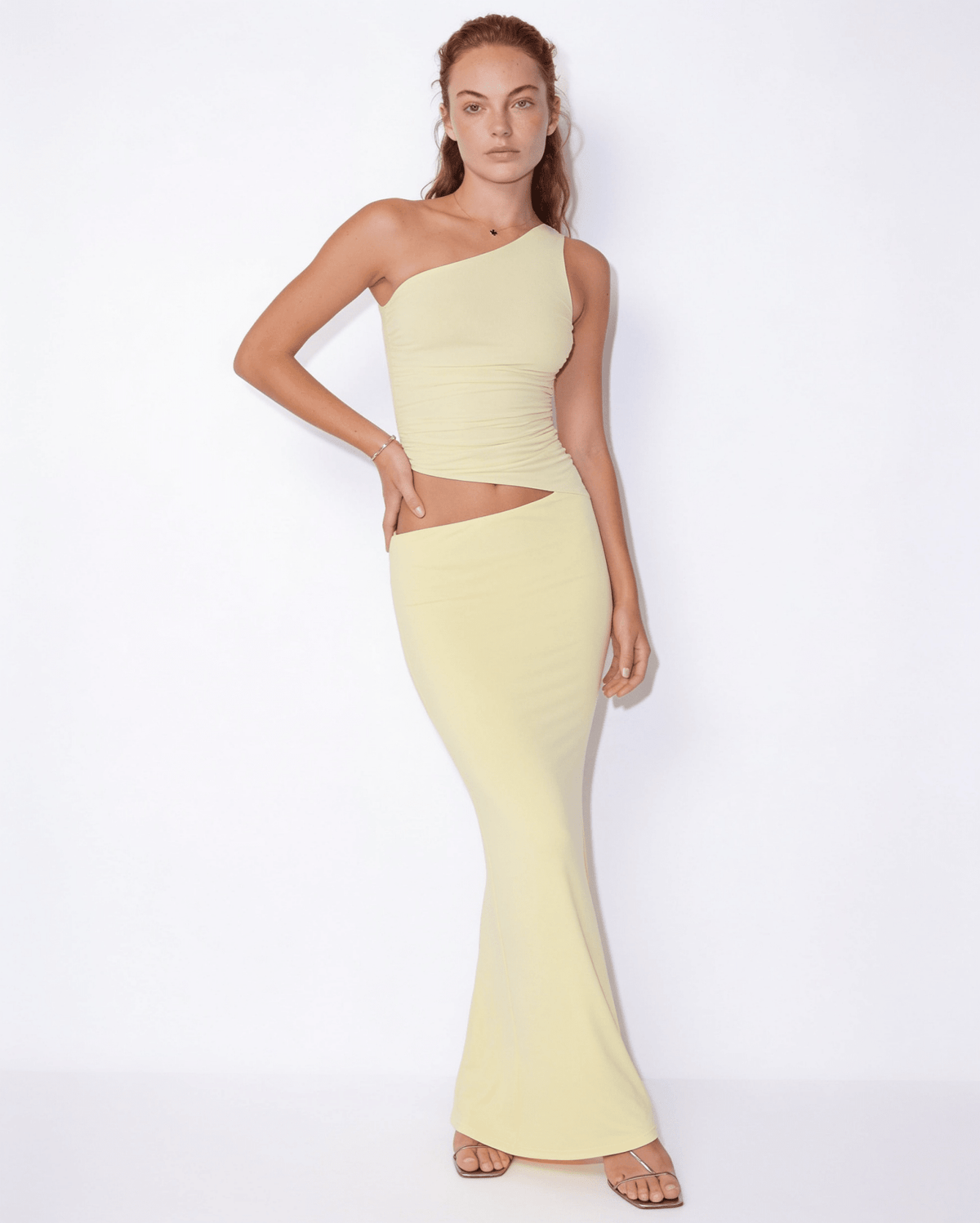 Ruched One-Shoulder Crop Top & Maxi Skirt Set