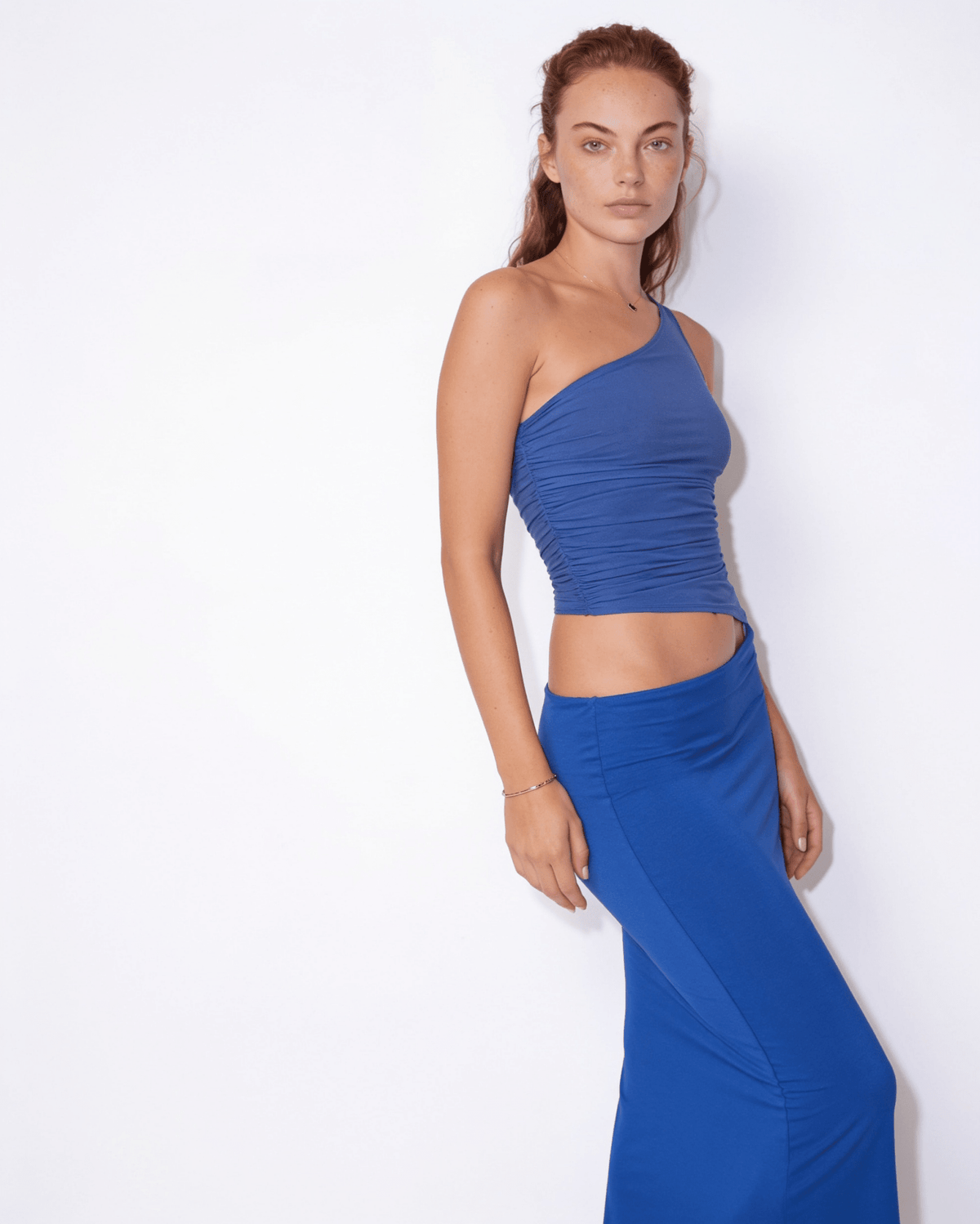 Ruched One-Shoulder Crop Top & Maxi Skirt Set