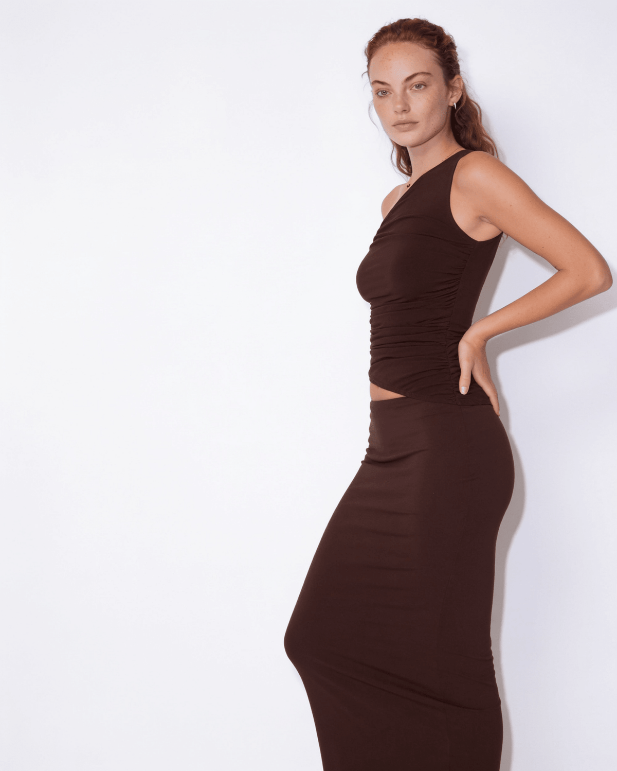 Ruched One-Shoulder Crop Top & Maxi Skirt Set