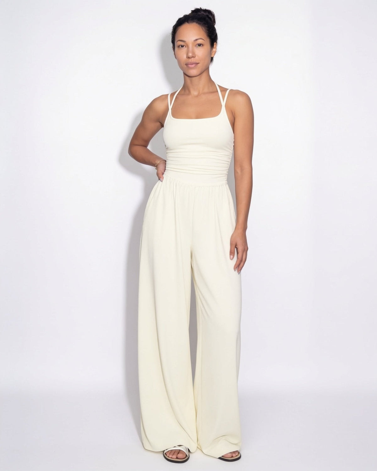 Ruched Strappy Wide-Leg Jumpsuit