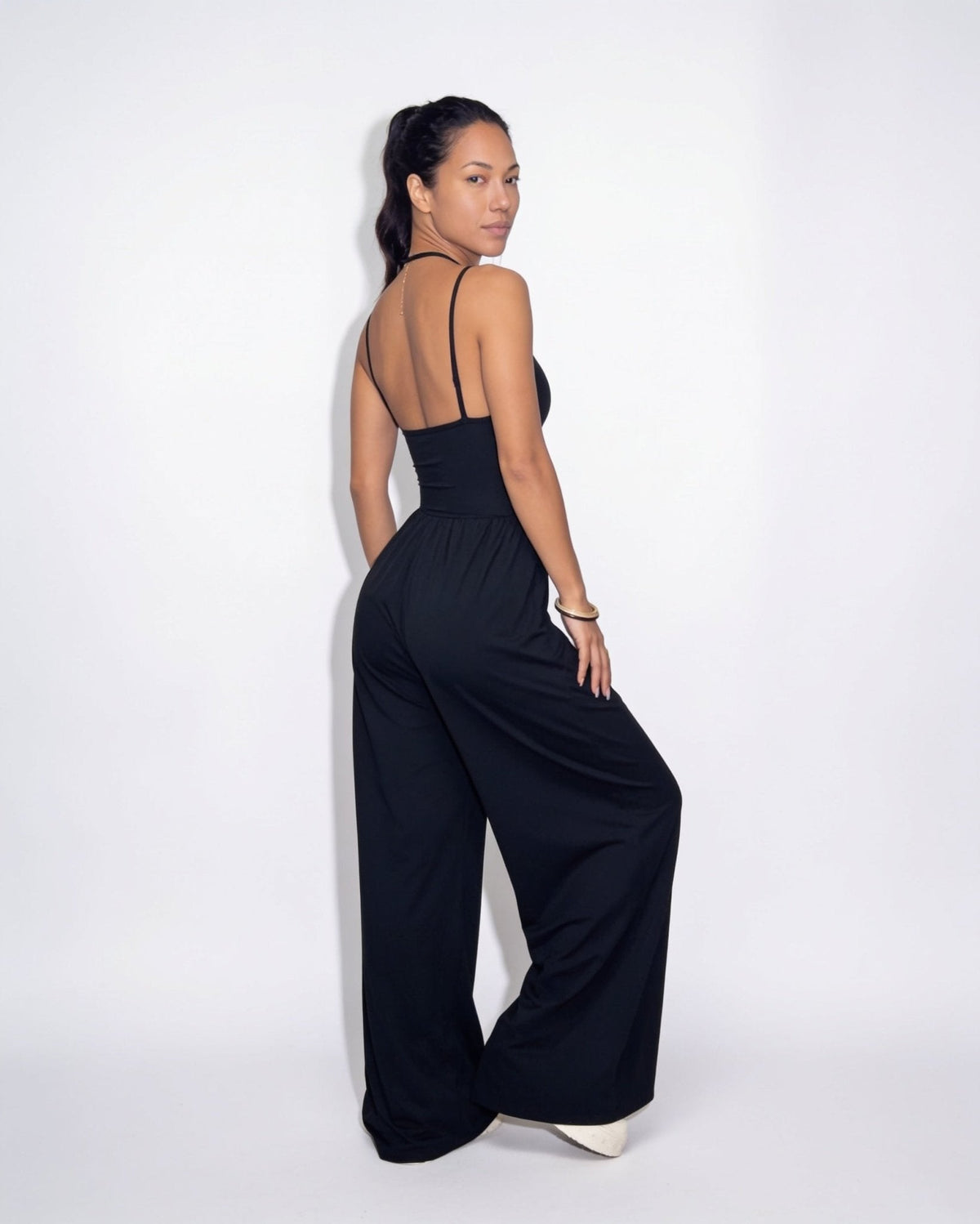 Ruched Strappy Wide-Leg Jumpsuit