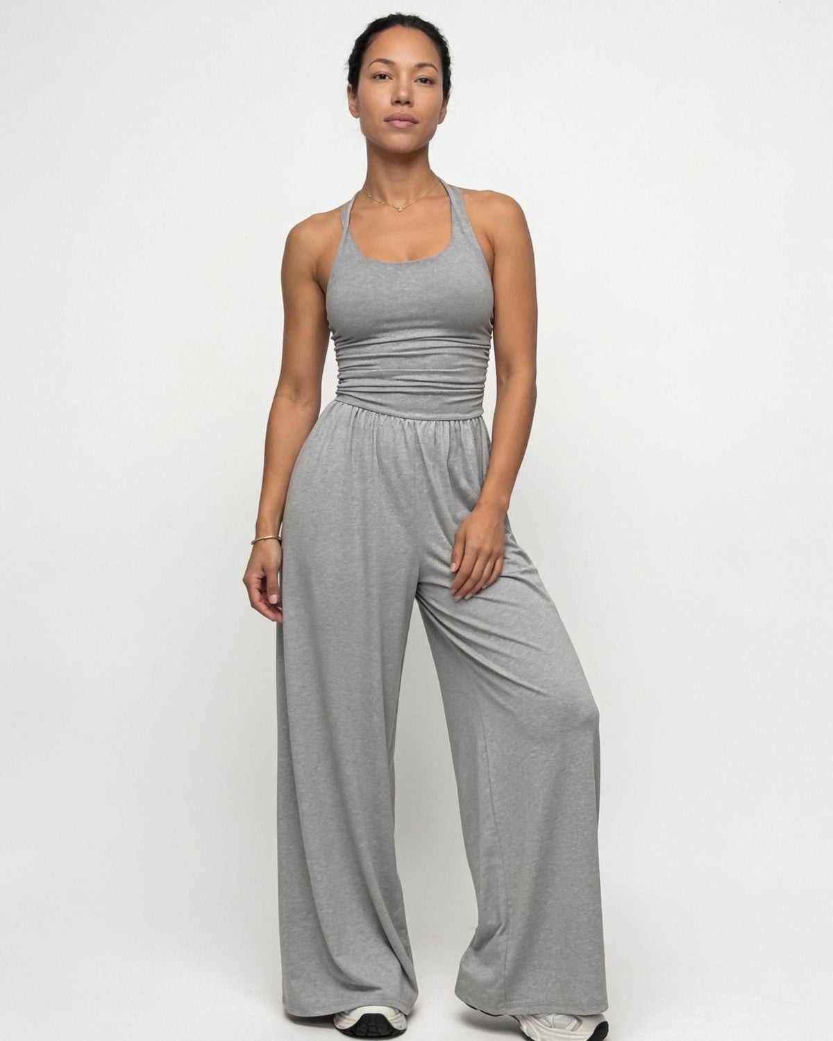 Ruched Strappy Wide-Leg Jumpsuit