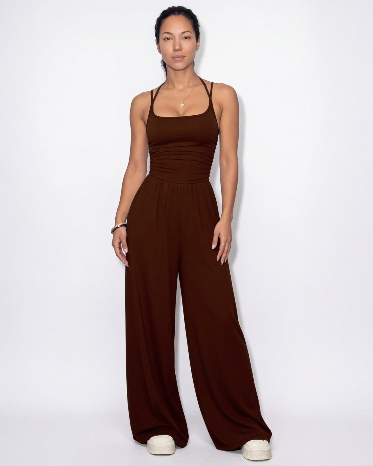 Ruched Strappy Wide-Leg Jumpsuit