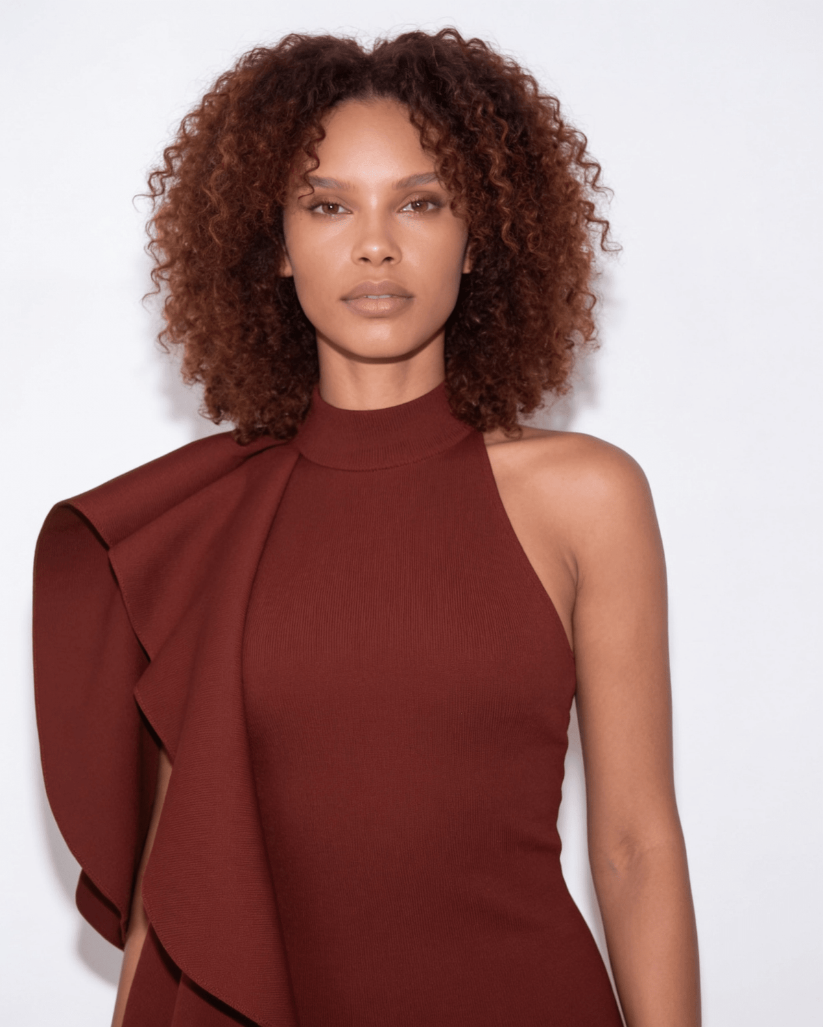 Ruffle Cascade Halter Midi Dress