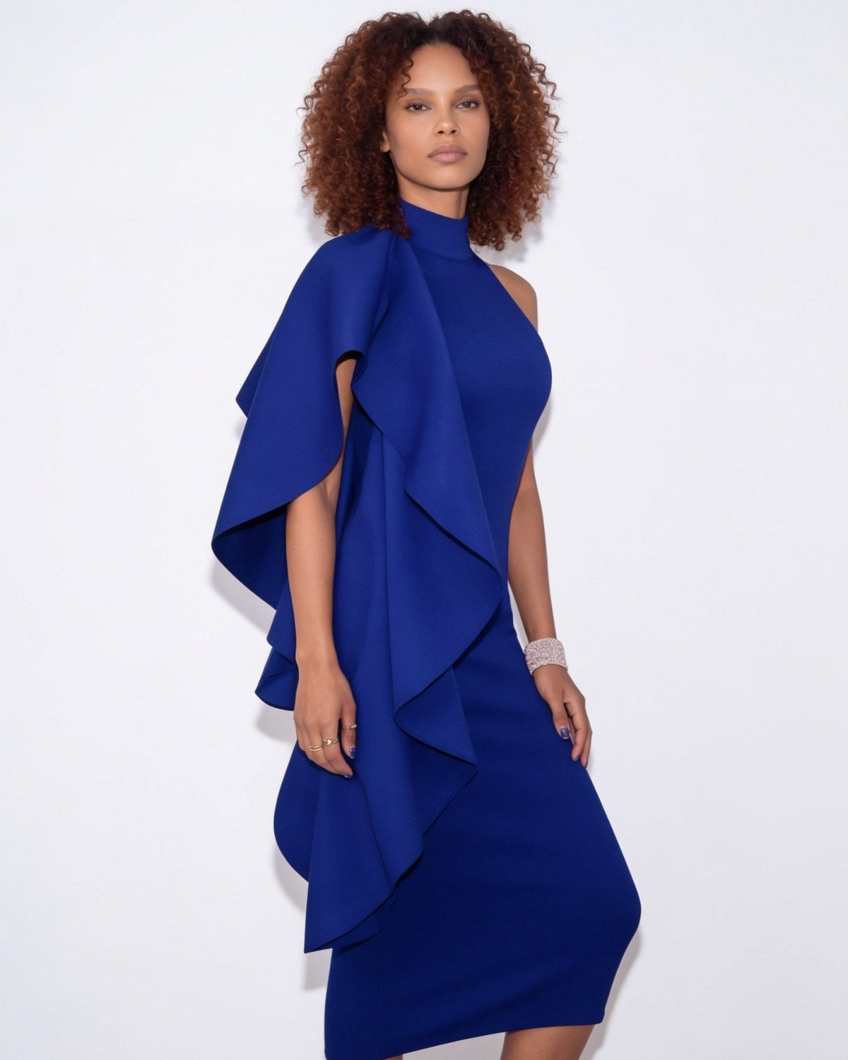 Ruffle Cascade Halter Midi Dress