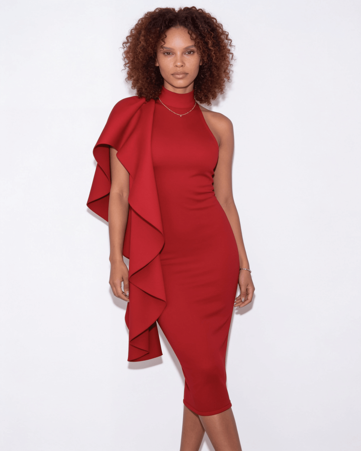 Ruffle Cascade Halter Midi Dress