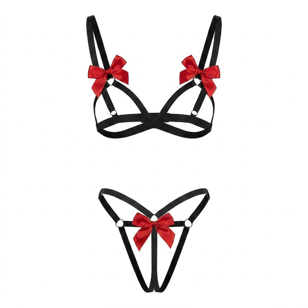 Satin Bow Open Cup Lingerie Set