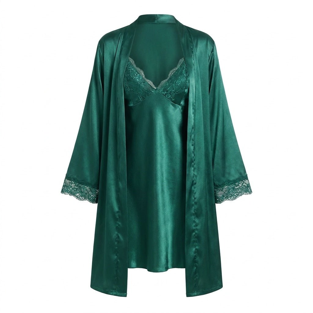 Satin Lace Trim Chemise and Robe Set