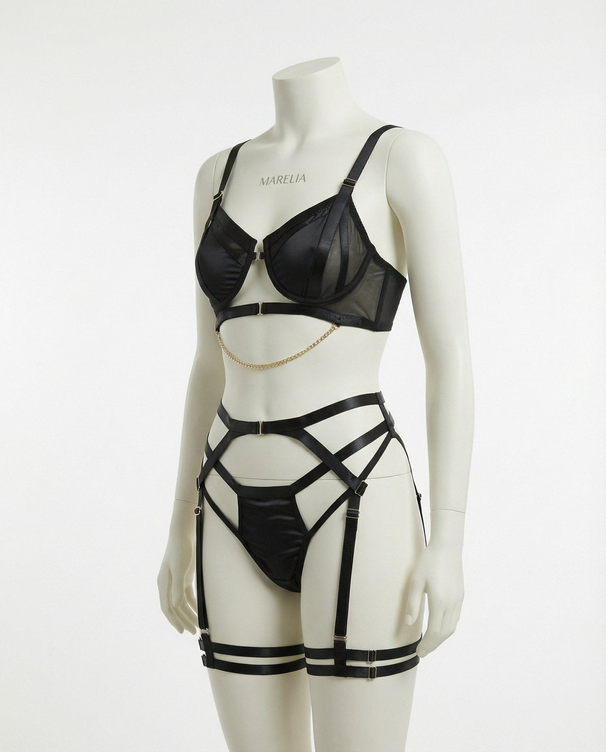 Satin Underwire Bra With Strappy Garter Belt Set