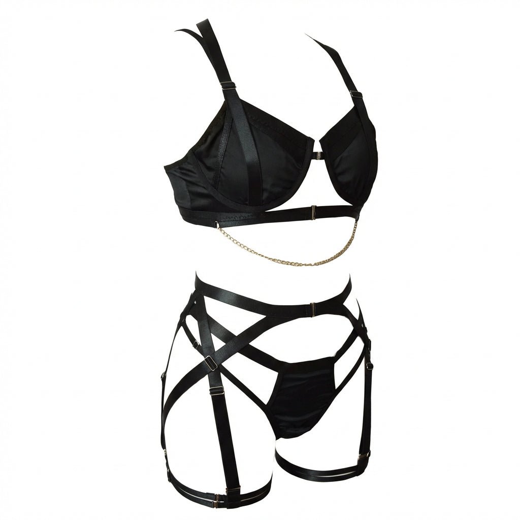 Satin Underwire Bra With Strappy Garter Belt Set