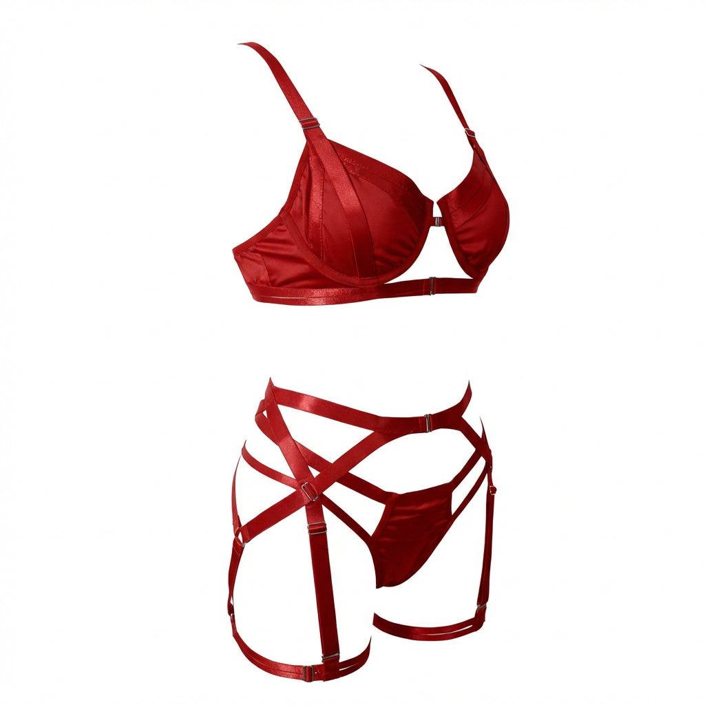 Satin Underwire Bra With Strappy Garter Belt Set