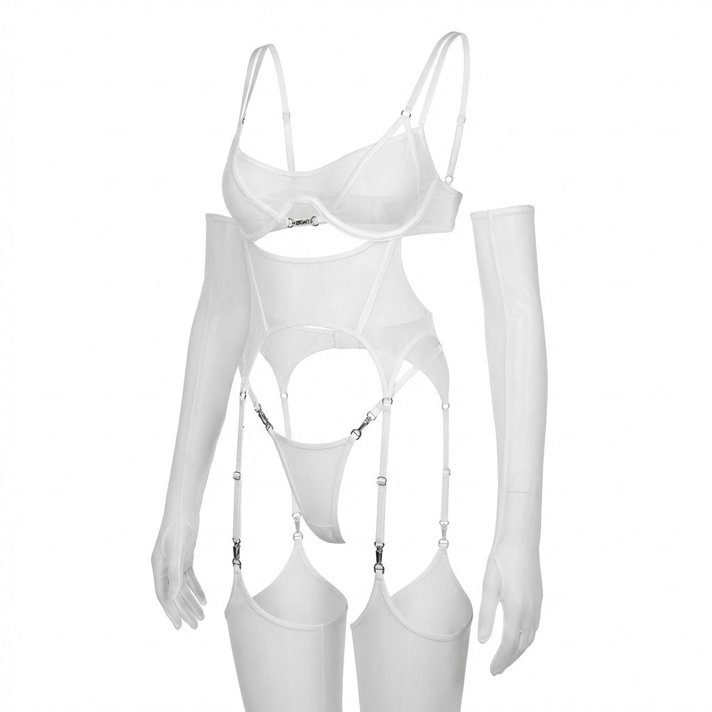 Sheer Mesh Lingerie Set With Opera Gloves