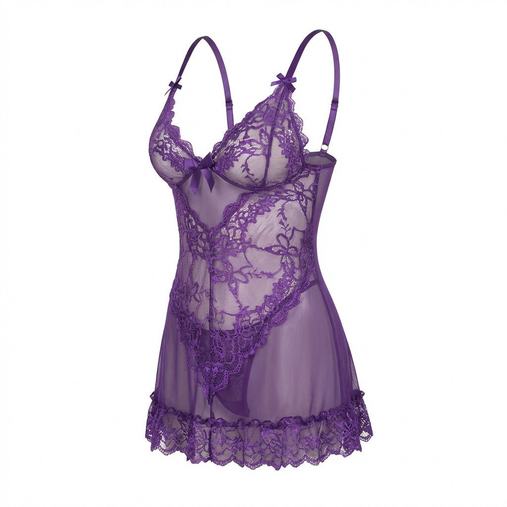 Sheer Mesh Lace Chemise With G-String