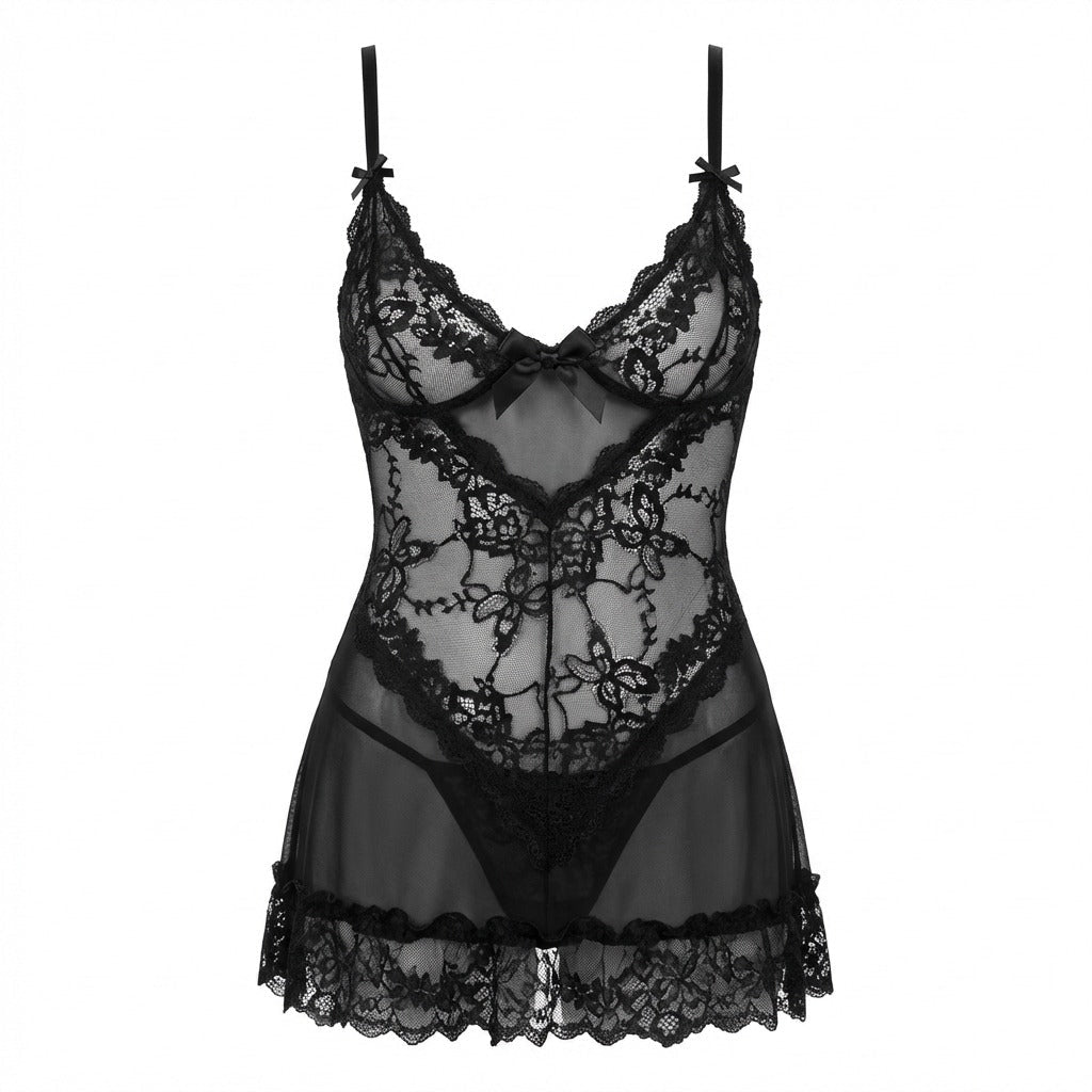 Sheer Mesh Lace Chemise With G-String
