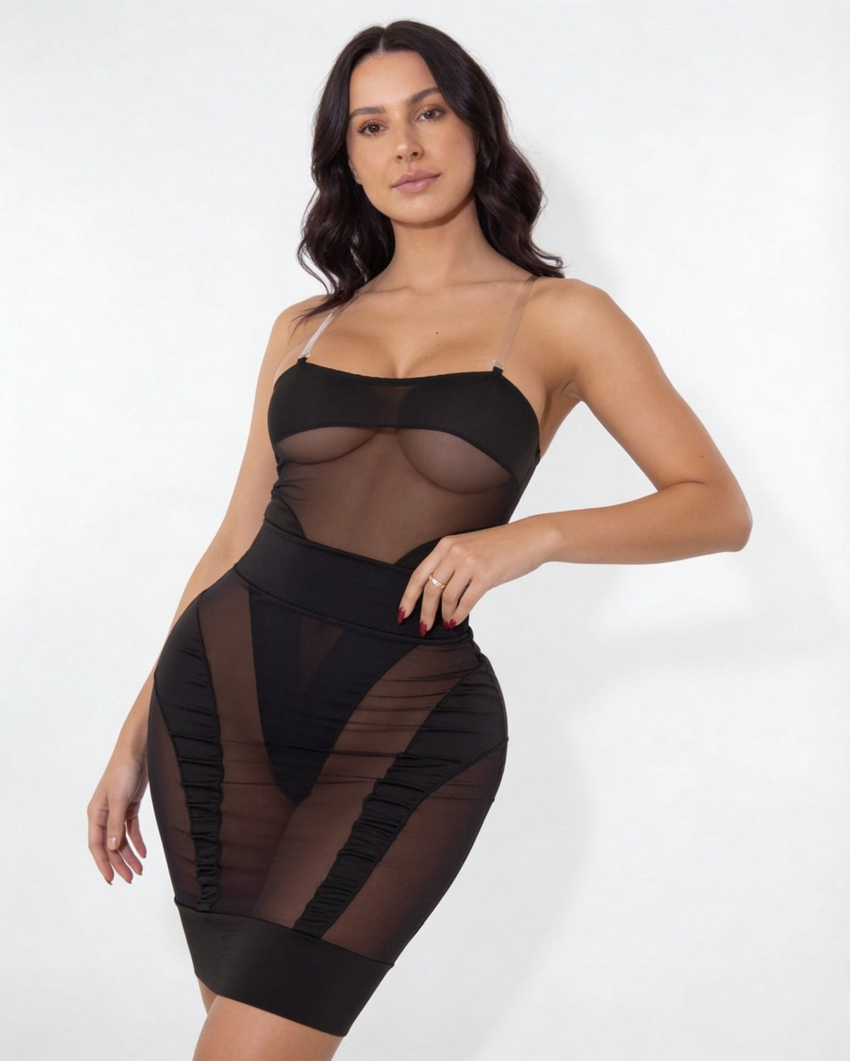 Sheer Mesh Panel Midi Dress